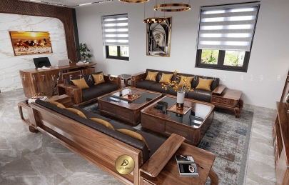 [Báo giá] Bộ sofa gỗ óc chó 2 văng chân quỳ [Mới 2024]