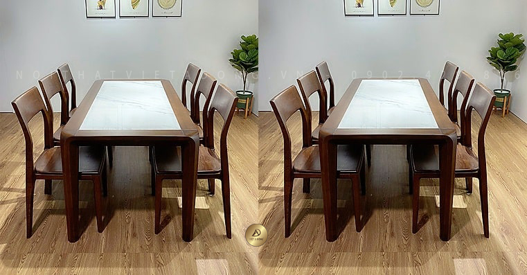 Bộ bàn ăn 4 ghế gỗ óc chó mặt đá tự nhiên