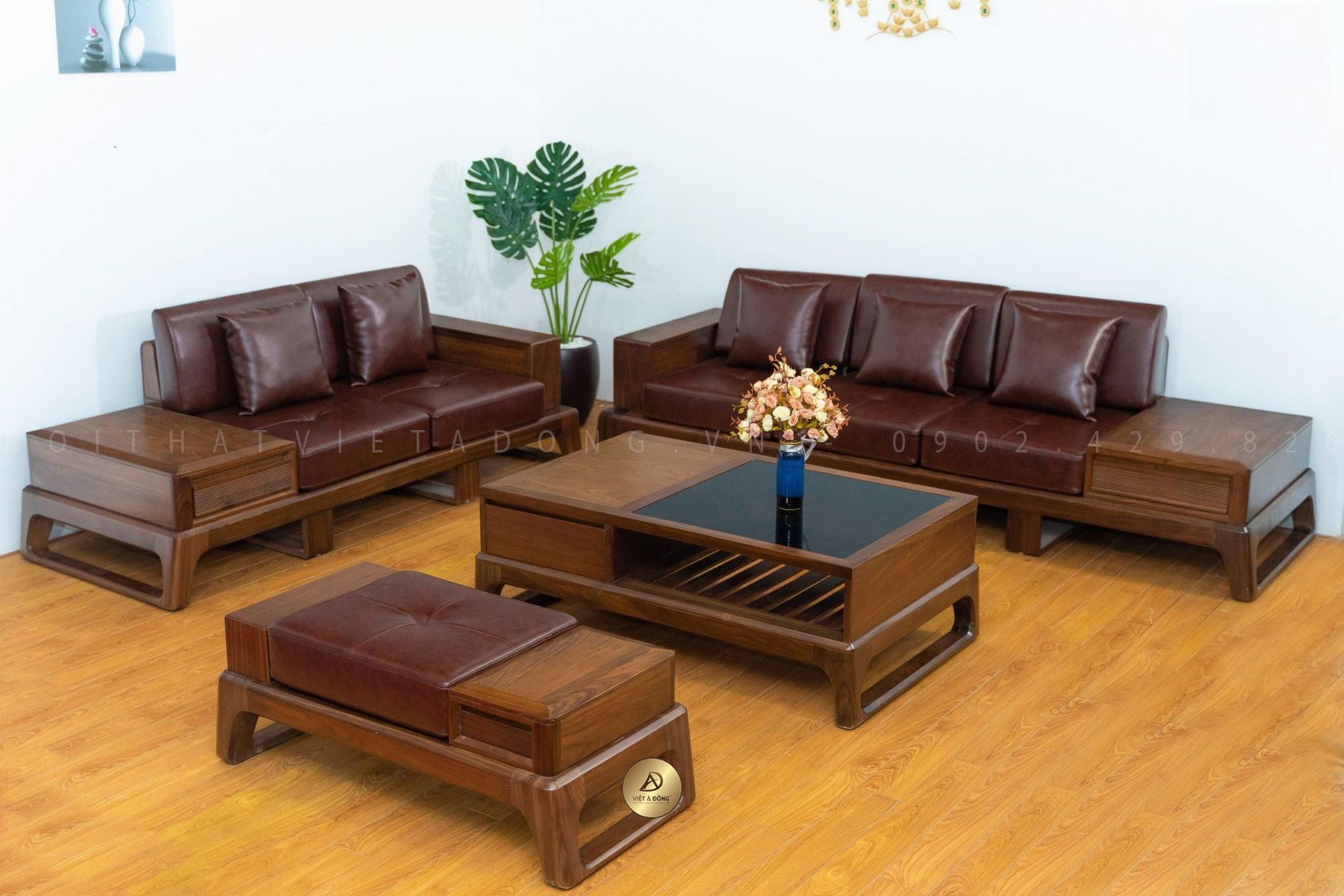 Sofa gỗ tần bì màu óc chó chữ U