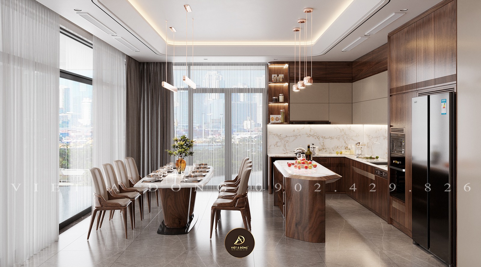 không gian phòng bếp gỗ óc chó